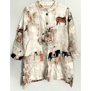 Soft Surroundings Shirt Women M Equestrian Horse Art Print Button Up Tunic Top